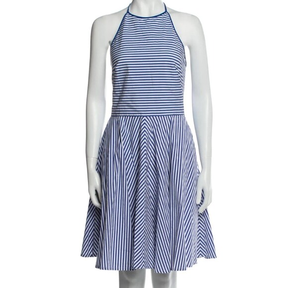 DESIGNER MICHAEL KORS COLLECTION BLUE/WHITE STRIPED A LINE HALTER TOP DRESS 8.R - Picture 1 of 11